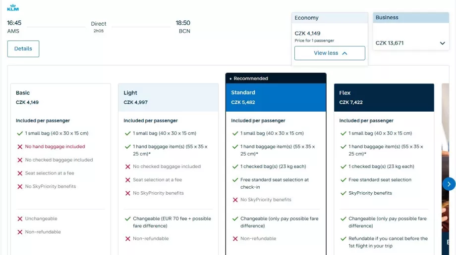 Air France-KLM: zrzut ekranu z nową taryfą