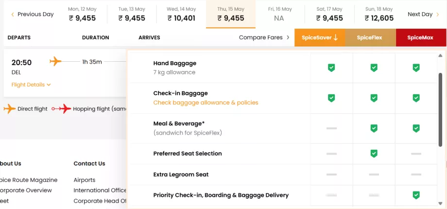 Klasy taryf SpiceJet