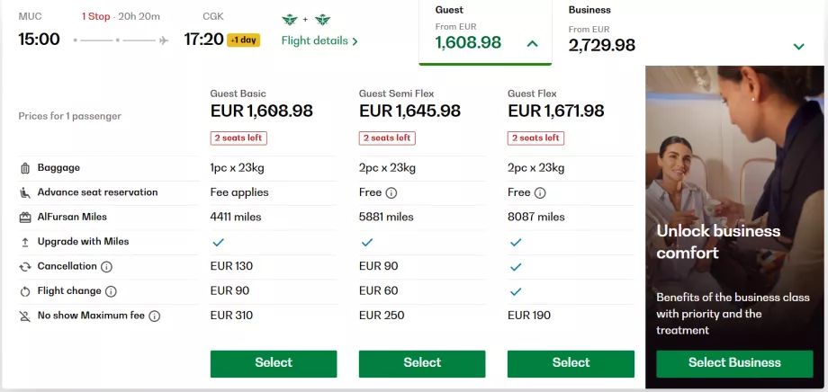 Taryfy w klasie ekonomicznej