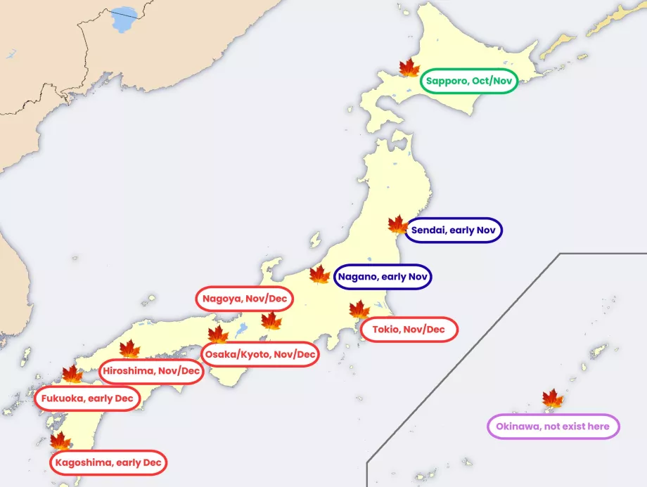 Mapa jesiennych kolorów liści w Japonii