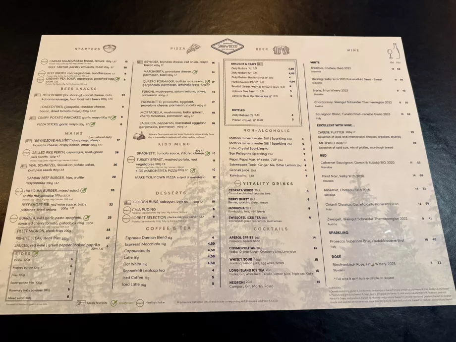 Menu piwa Snowbeer z cenami
