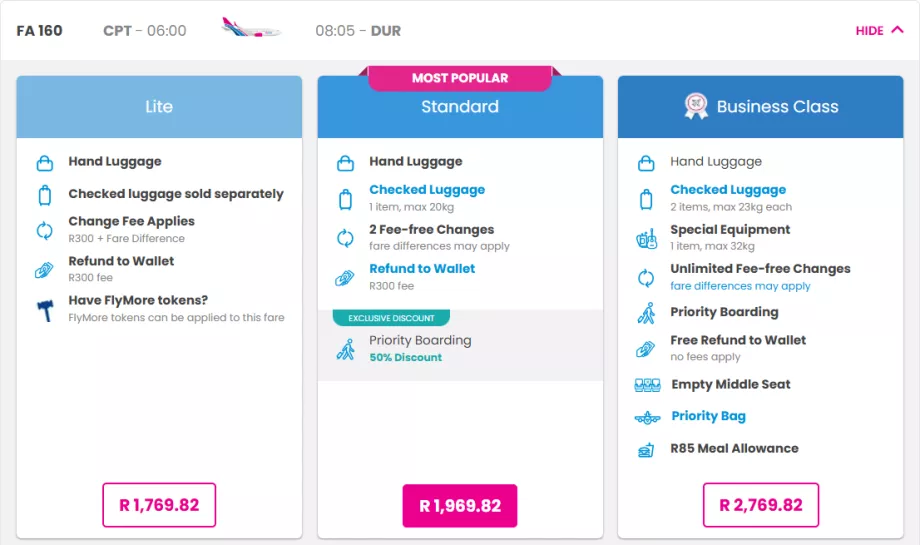 Klasy taryf FlySafair