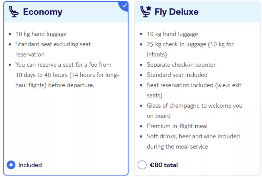 Tui fly Belgium, taryfy
