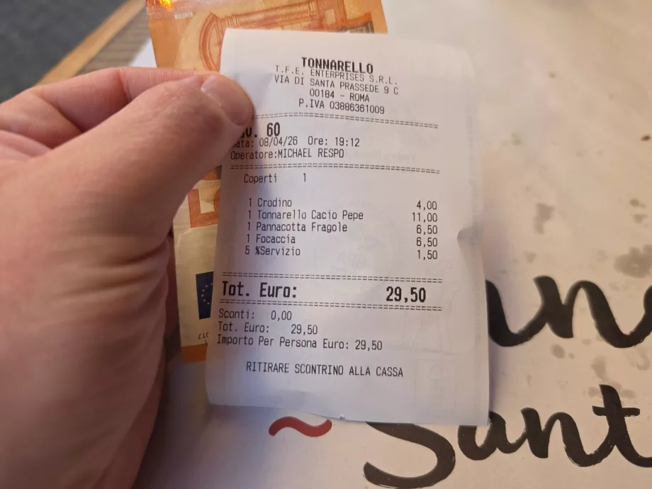 Tonnarello Santa Maria, całkowita kwota rachunku