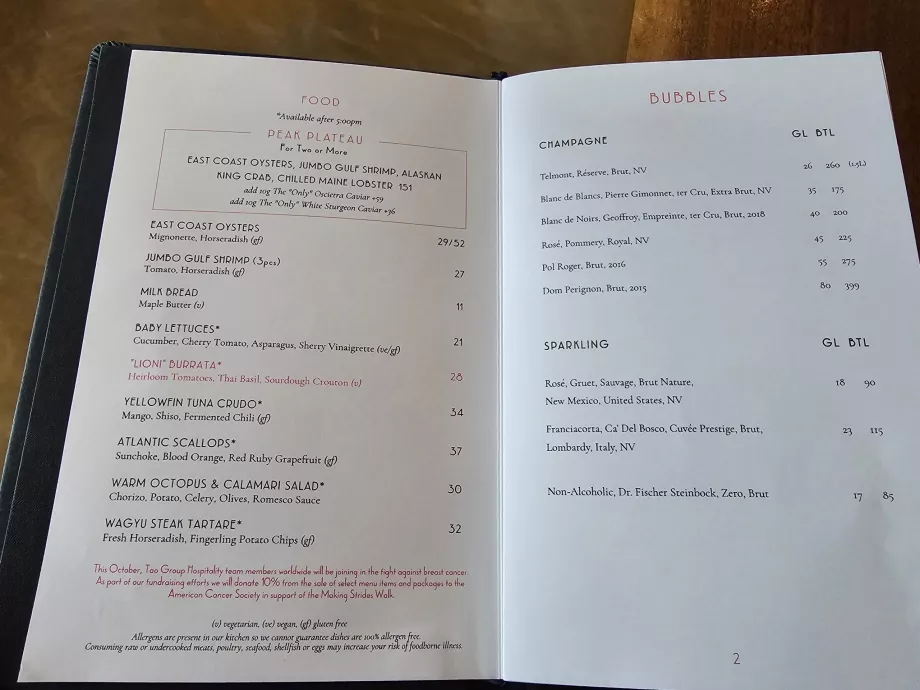 Menu - jedzenie w restauracji Peak