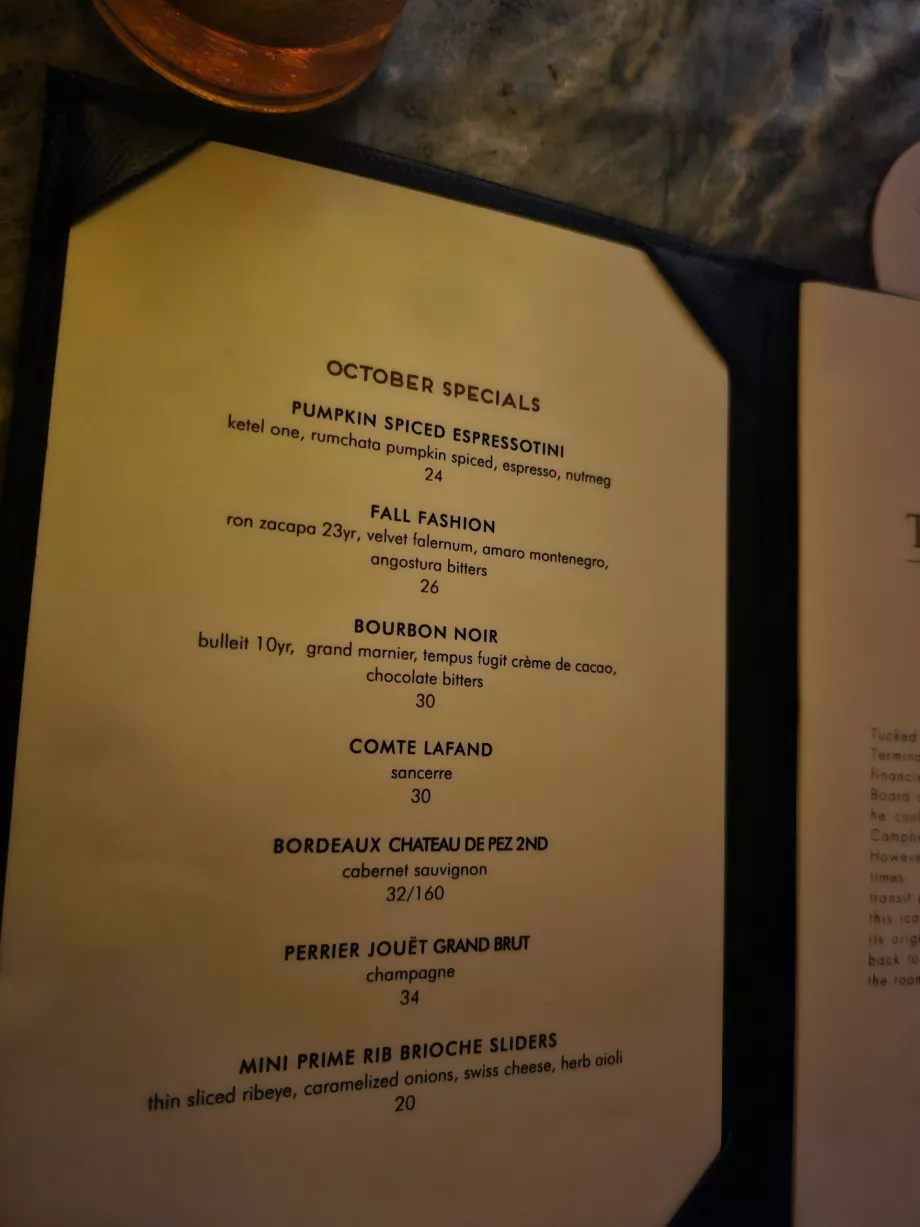 Bar Campbell, menu koktajli
