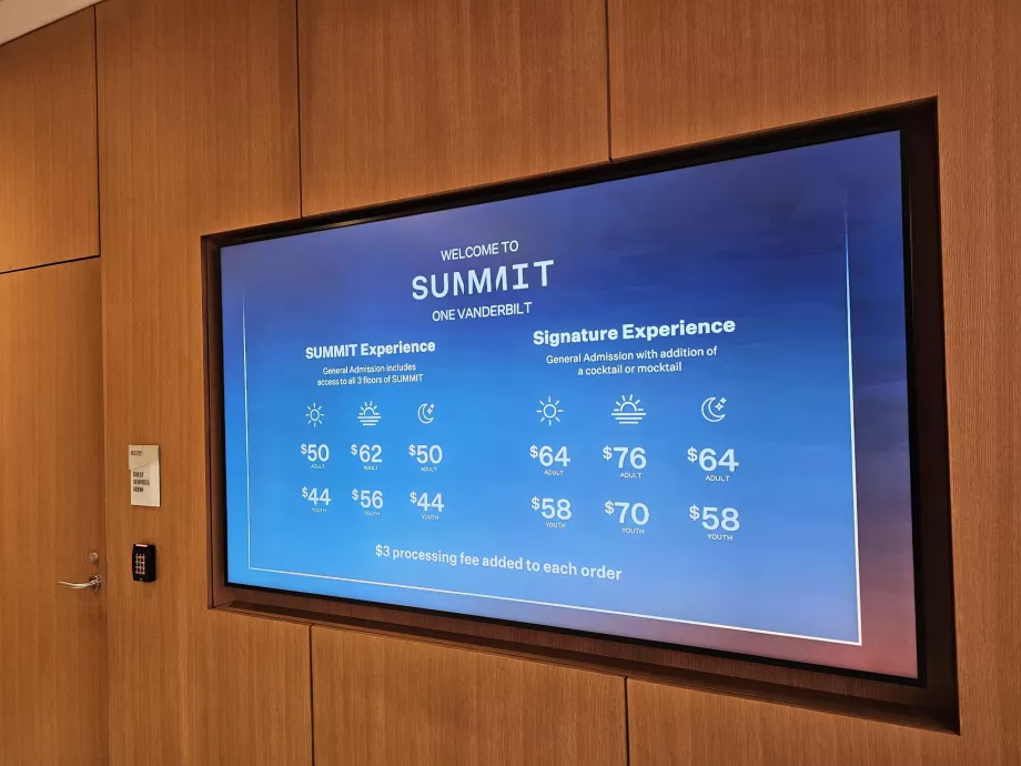 Summit One Vanderbilt, cennik