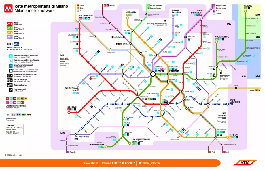 Mapa metra i pociągów S w Mediolanie