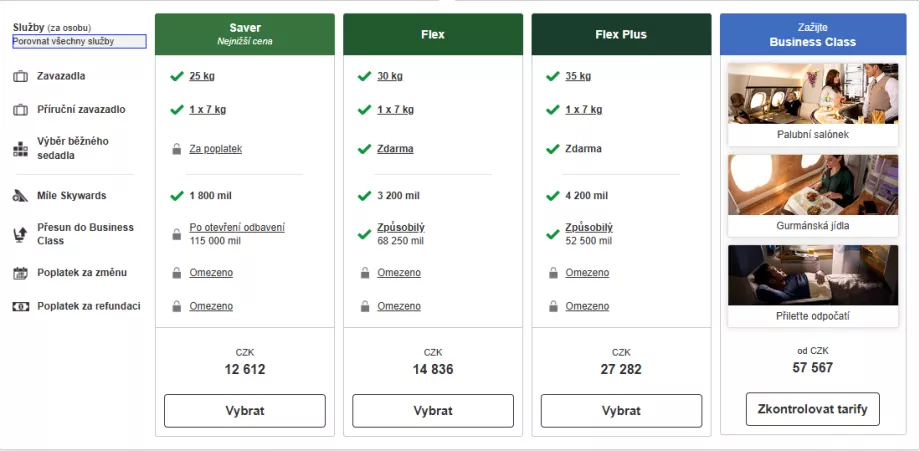 Ceny biletów w klasie ekonomicznej Emirates